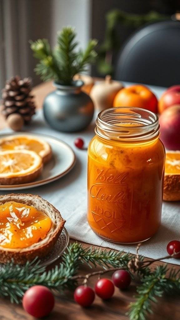 A jar of zesty citrus marmalade with slices of bread topped with marmalade, surrounded by fresh fruits and festive decorations.