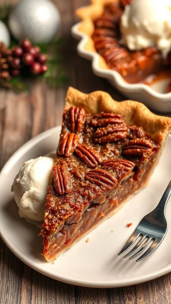 A slice of rich pecan pie served with a scoop of ice cream, garnished with pecans.