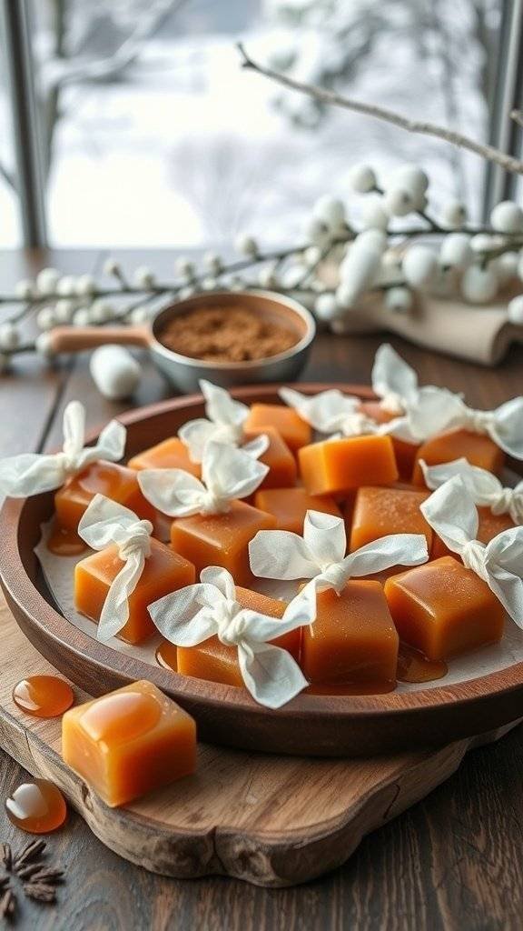 Maple syrup candies wrapped in white cloth on a wooden platter