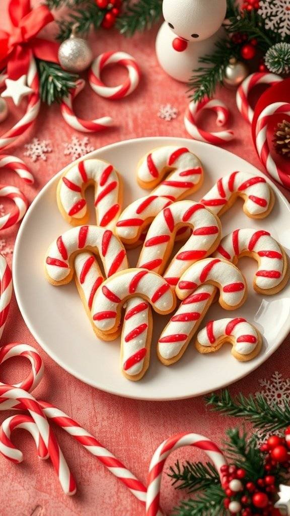 A plate of candy cane cookies surrounded by festive decorations.