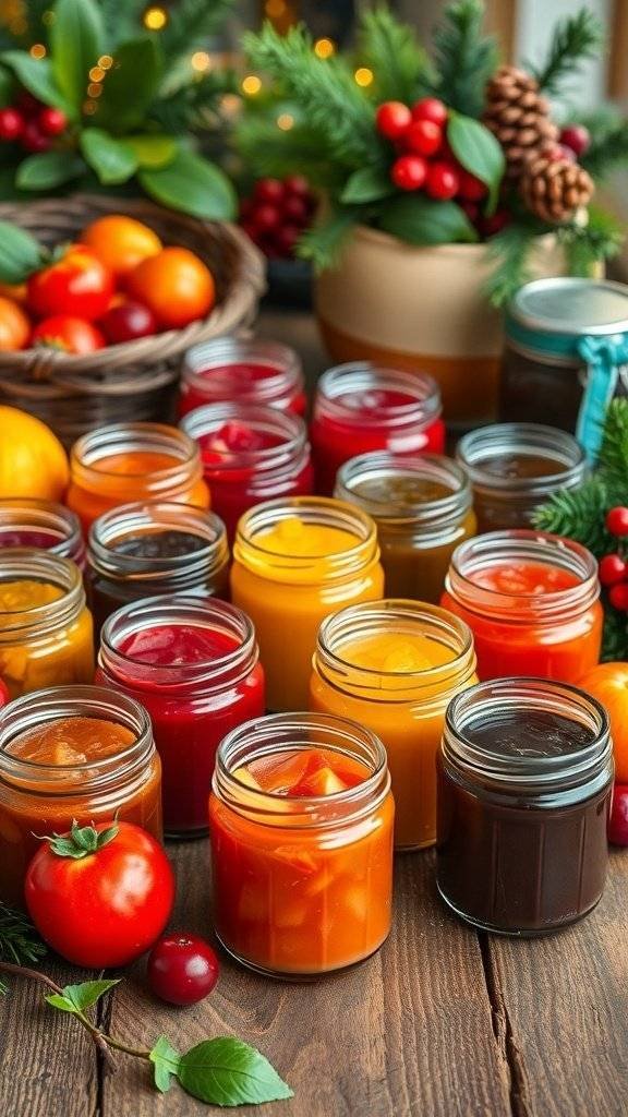 Colorful jars of gourmet jams on a wooden table, surrounded by festive decorations.