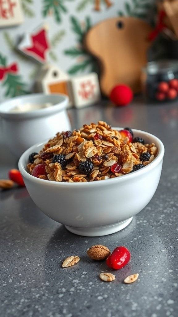 A bowl of homemade granola with oats, nuts, and dried fruits, set against a festive background.