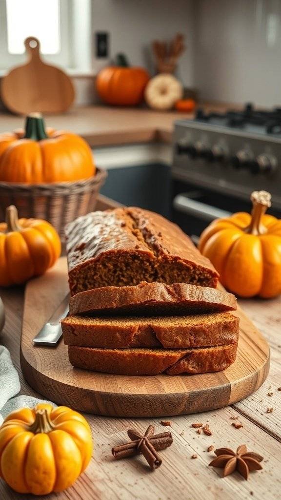 A loaf of pumpkin bread sliced on a wooden board, surrounded by small pumpkins and spices.