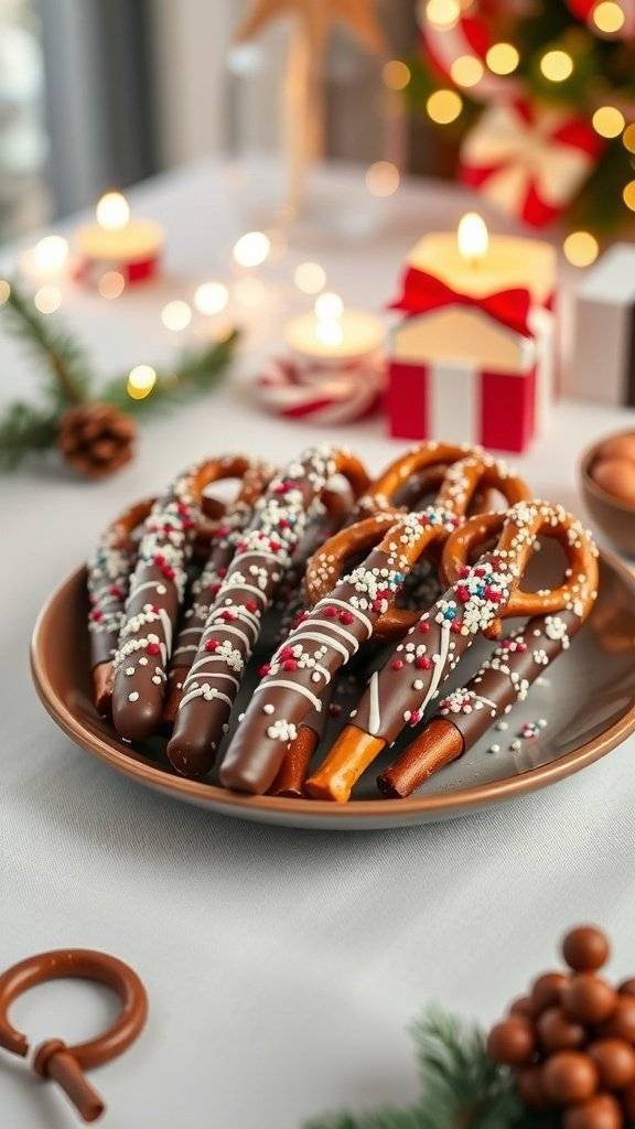 A plate of chocolate-dipped pretzels decorated with colorful sprinkles, set against a festive background.