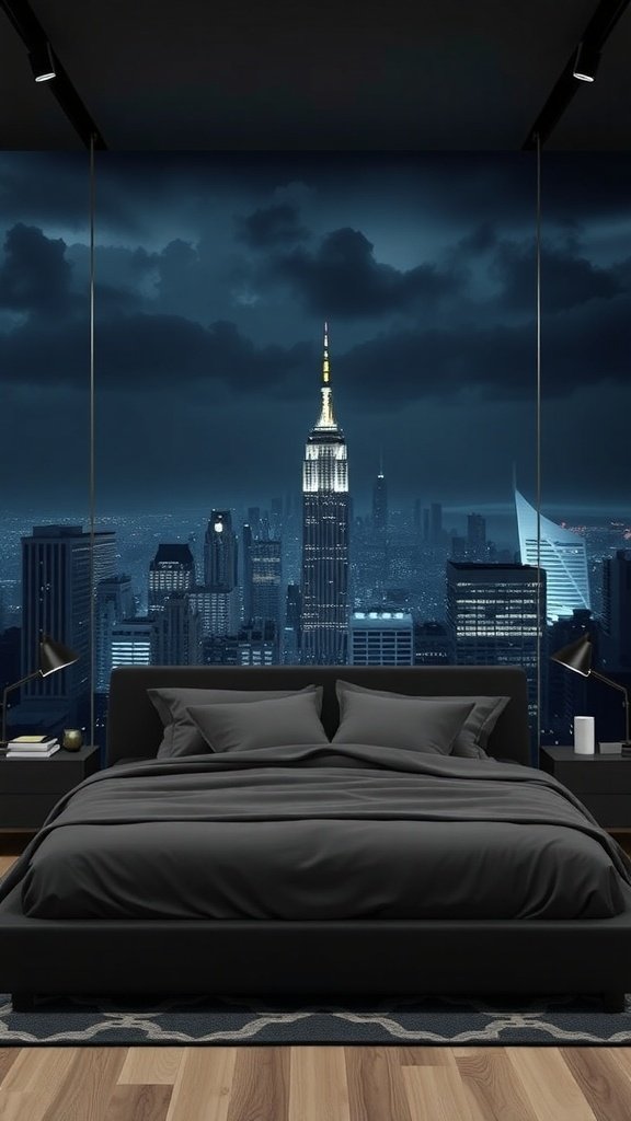 A bedroom featuring a Gotham skyline mural with dark bedding and modern decor.