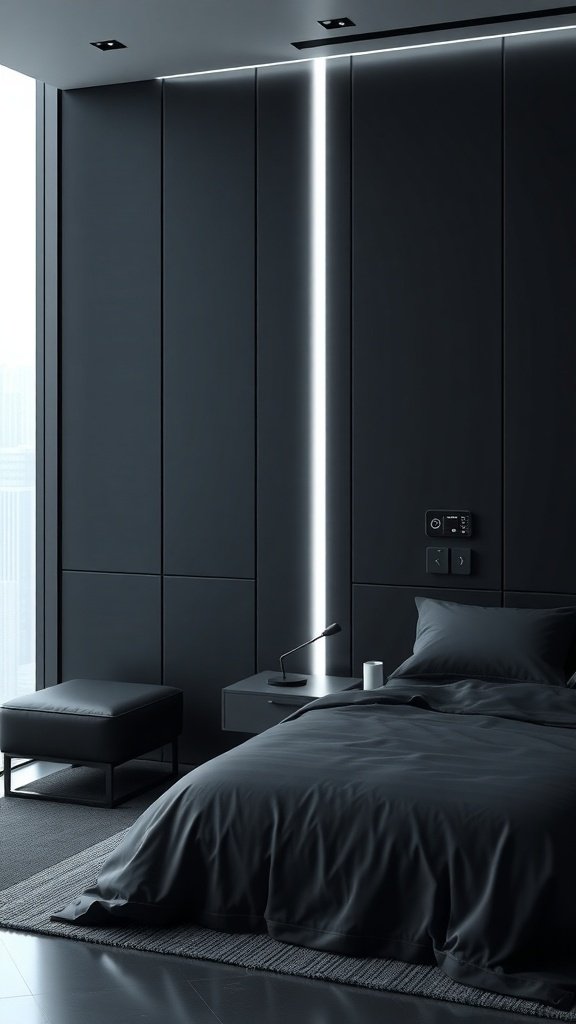 A modern dark bedroom with sleek furniture and LED lighting
