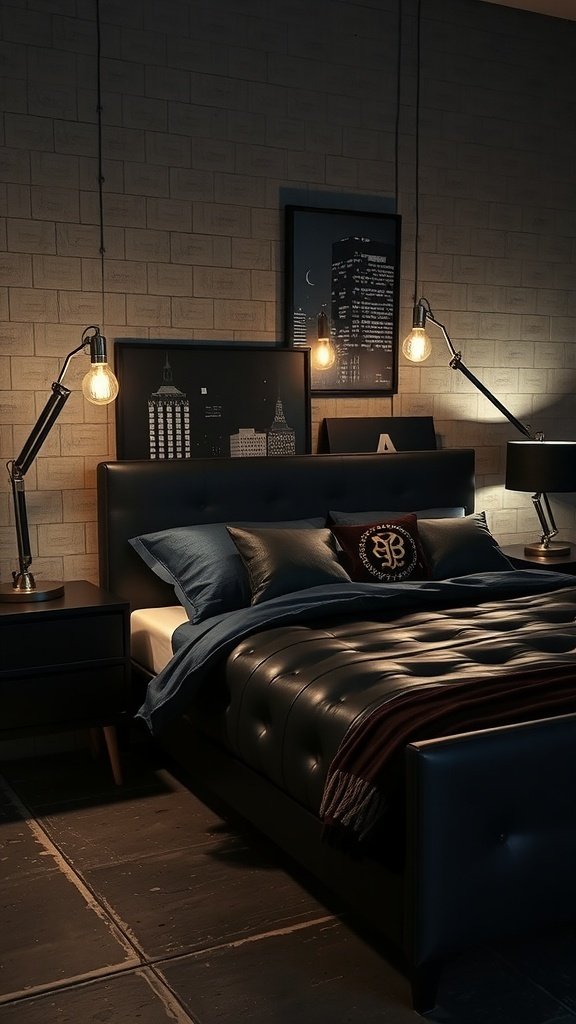 A stylish bedroom featuring industrial bedside lamps with exposed bulbs, dark bedding, and a modern aesthetic.