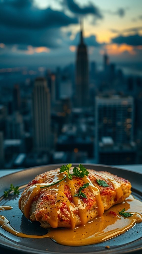 Honey mustard glazed chicken breast with a city skyline in the background