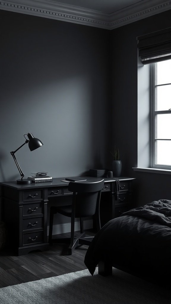 A dark-themed office corner with a desk, chair, and lamp, exuding a Gotham-inspired style.