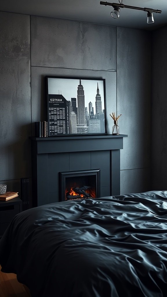 Moody loft bedroom with fireplace and cityscape artwork