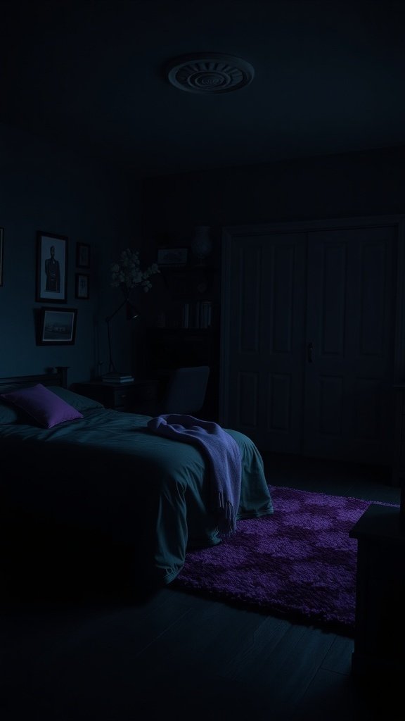 A dark bedroom featuring a purple rug and throw, inspired by the Joker.