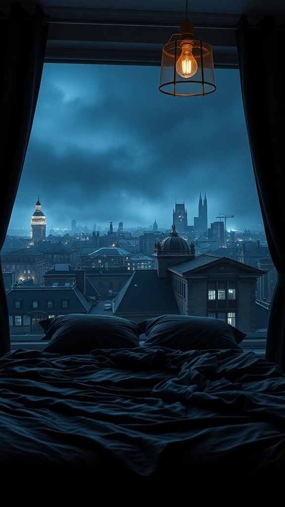 A bedroom view with dark bedding and a city skyline at night, featuring moody lighting.