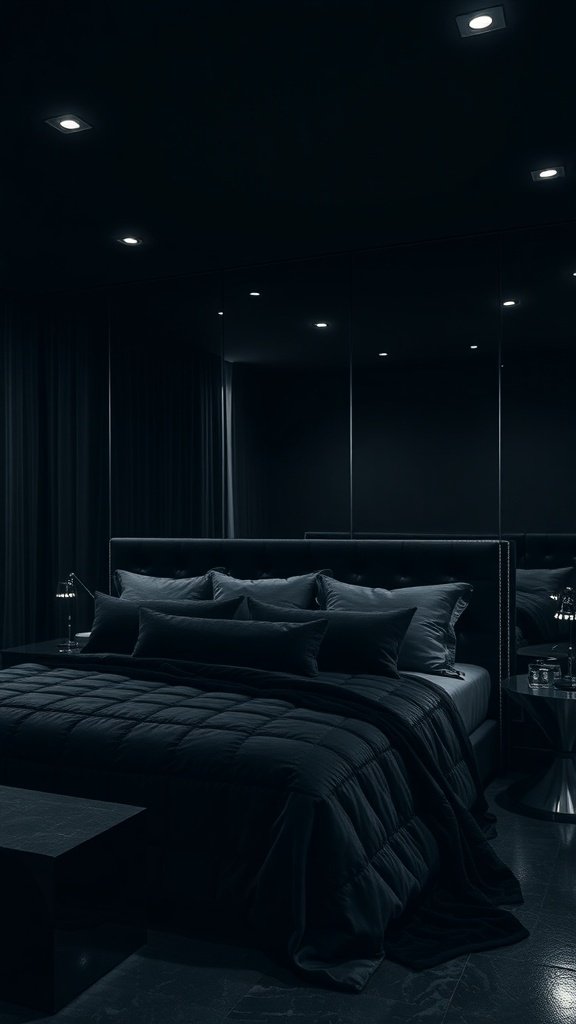 A stylish dark bedroom with mirrors reflecting soft lighting, inspired by Catwoman.