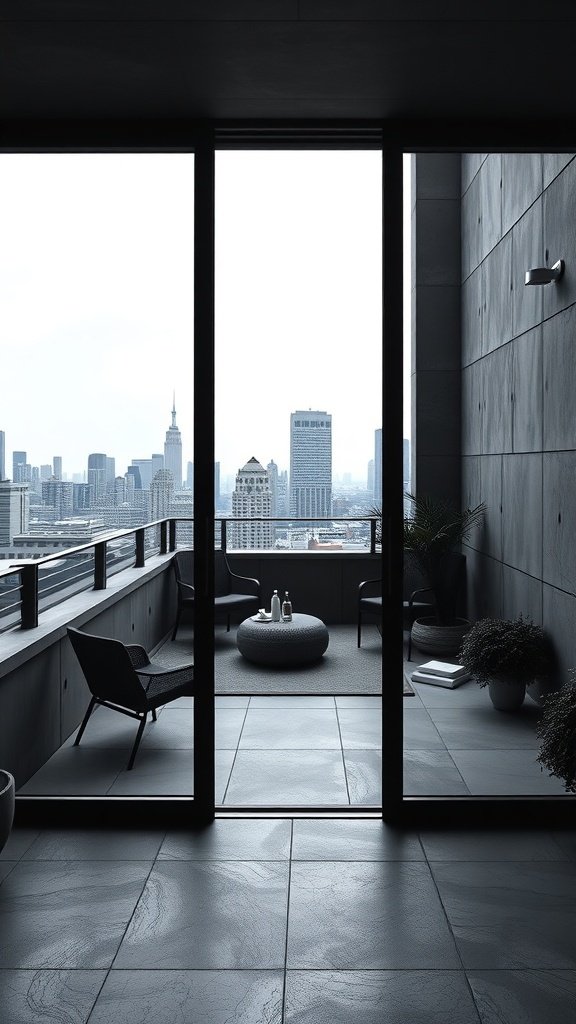 A modern rooftop terrace bedroom with a city skyline view, featuring sleek furniture and plants.