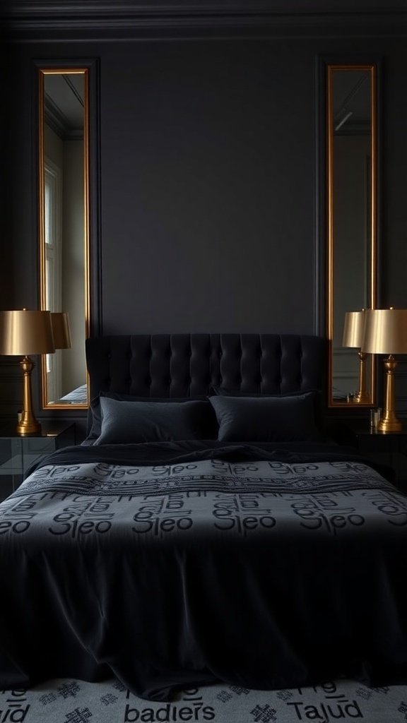 A stylish bedroom featuring a black velvet bed, dark walls, and gold accents.