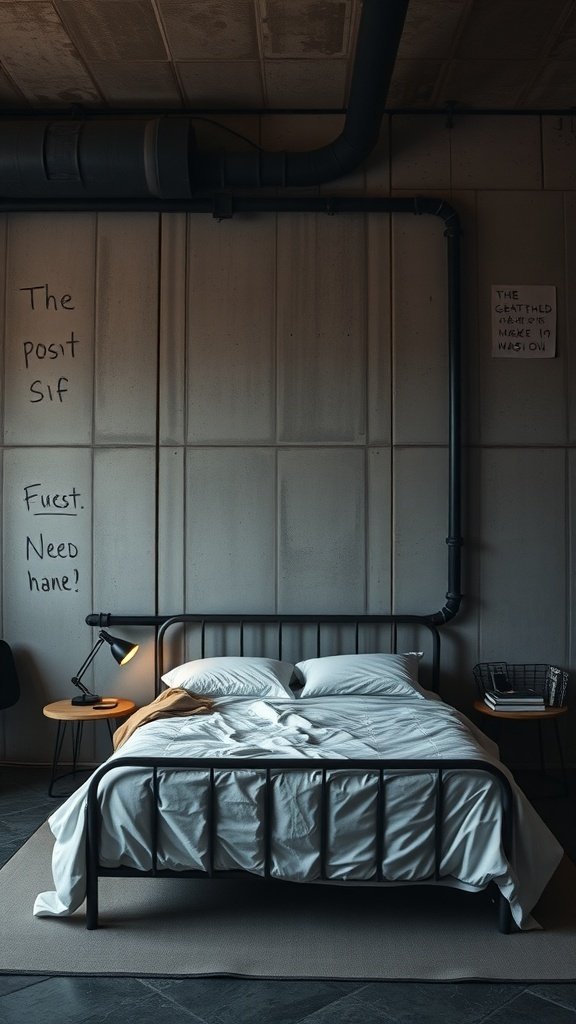 A minimalist industrial bedroom with a metal bed frame, white bedding, exposed pipes, and handwritten notes on the wall.