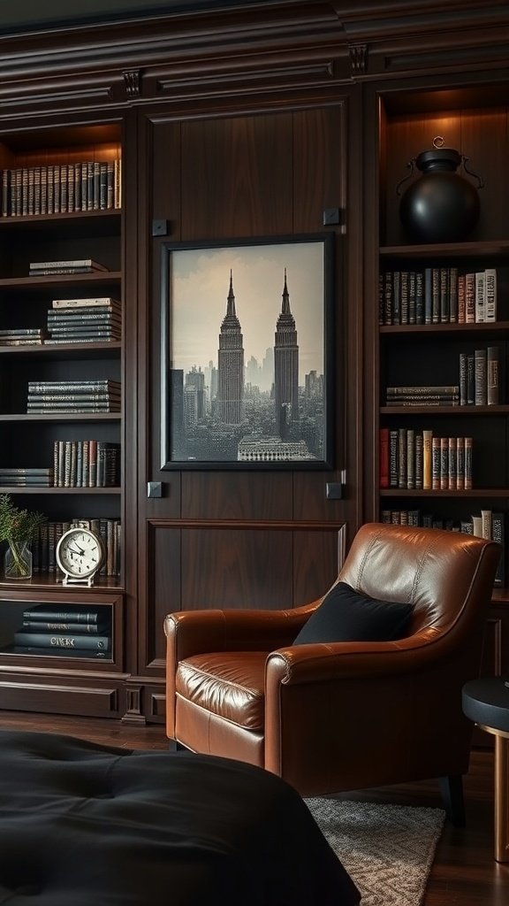 A cozy library-style bedroom with dark wood shelves, a leather armchair, and a city skyline artwork.