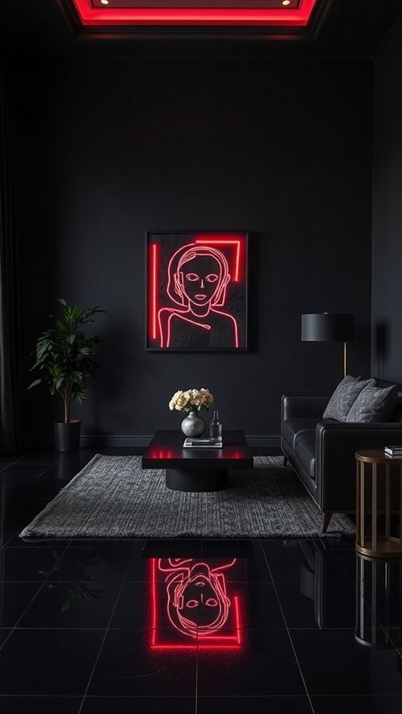 A modern bedroom with black walls, featuring a neon pink bat artwork, sleek furniture, and plants.