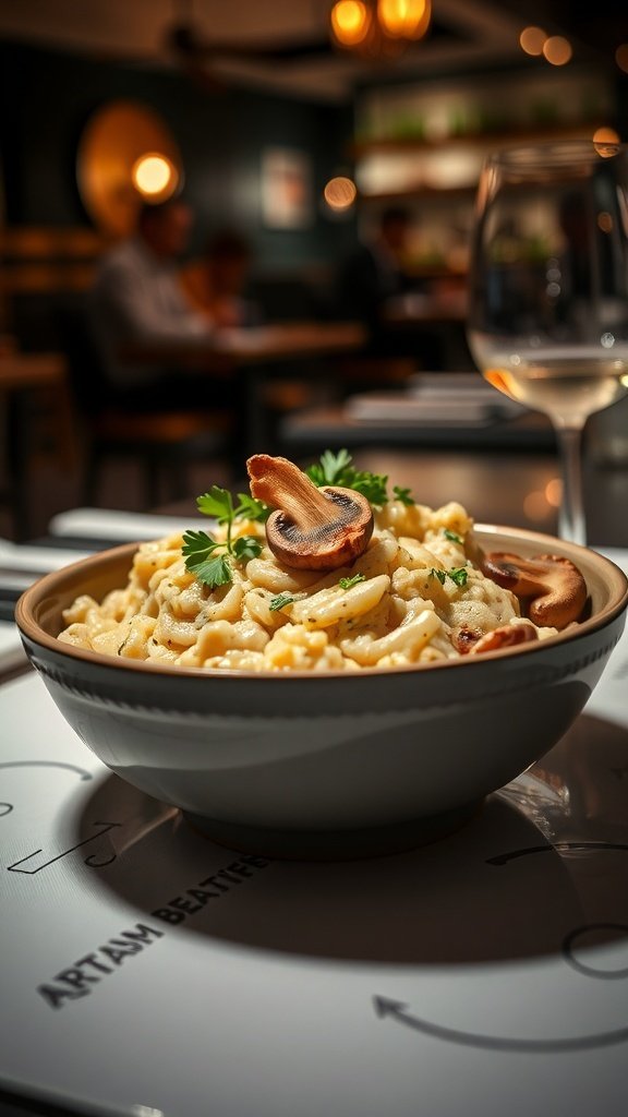 A bowl of creamy chicken and mushroom risotto garnished with parsley, set in a cozy dining atmosphere.