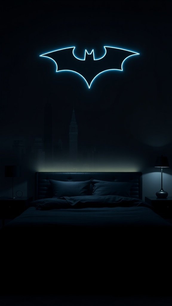A glowing Batman symbol nightlight above a bed in a dark room