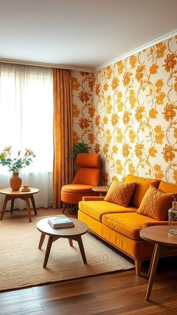 A living room featuring 1960s style wallpaper with bright orange floral patterns, complemented by matching orange furniture.