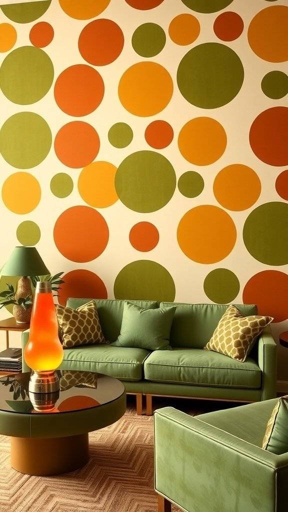 Colorful 1960s style wallpaper with large circles in orange, green, and cream.