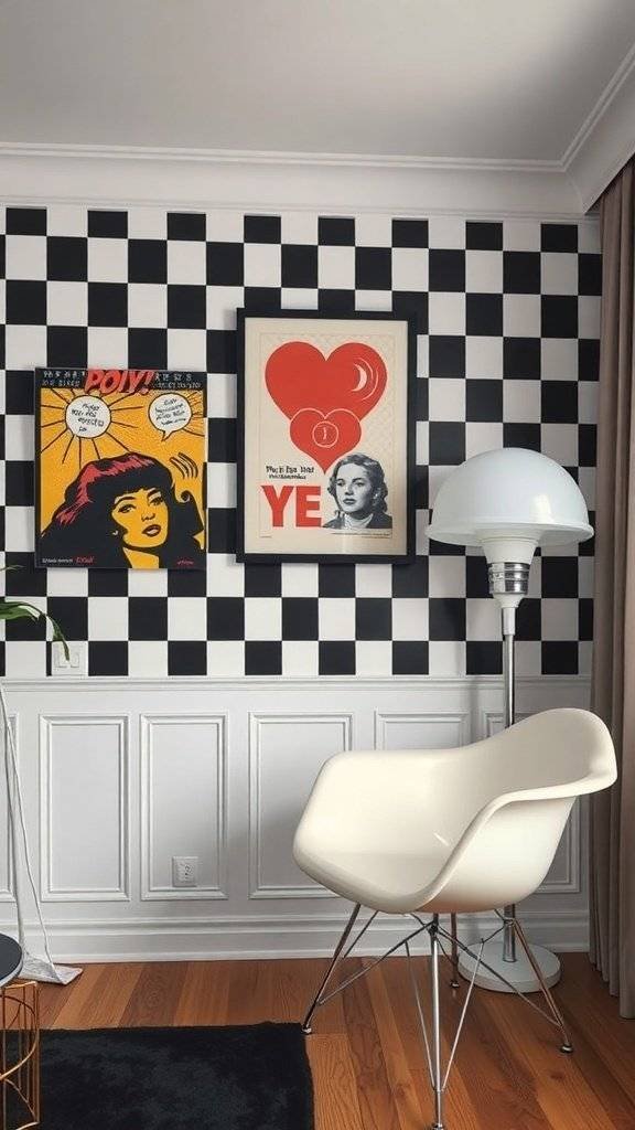 A Mod London lounge featuring black and white checkered wallpaper, pop art, and modern furniture.