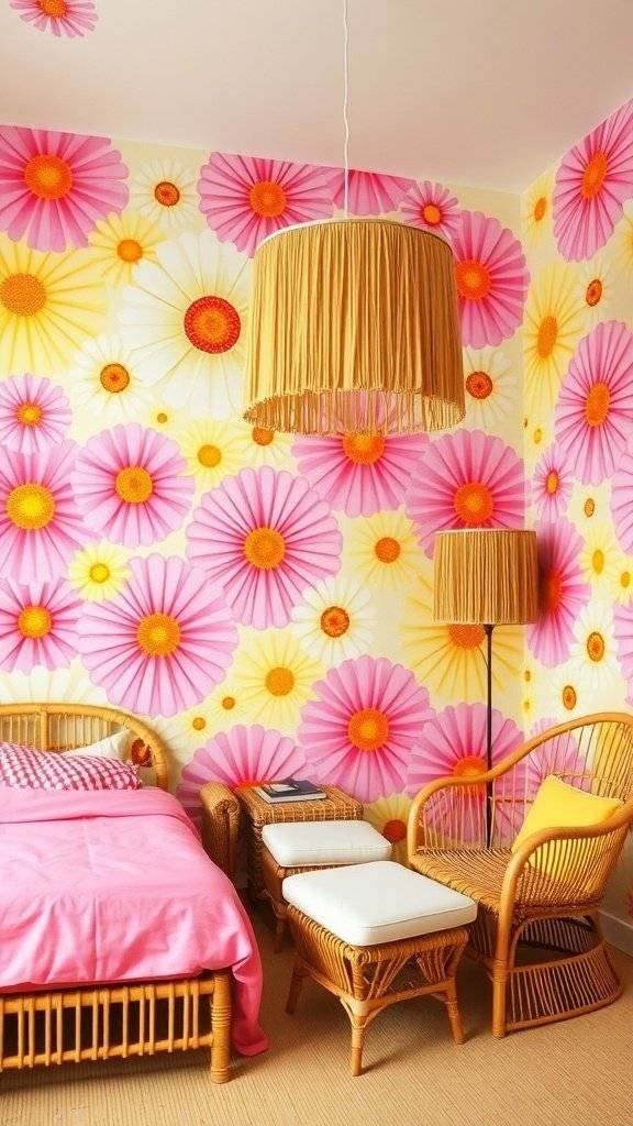 A room decorated with 1960s style wallpaper featuring large pink and yellow flowers, with rattan furniture and bright bedding.