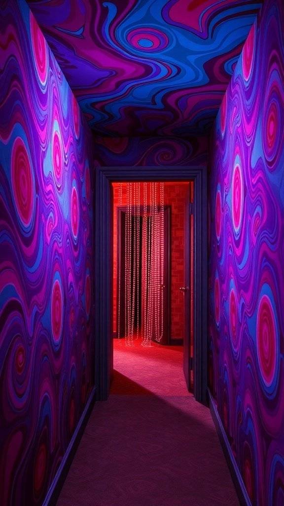 A colorful hallway with psychedelic wallpaper and a beaded curtain