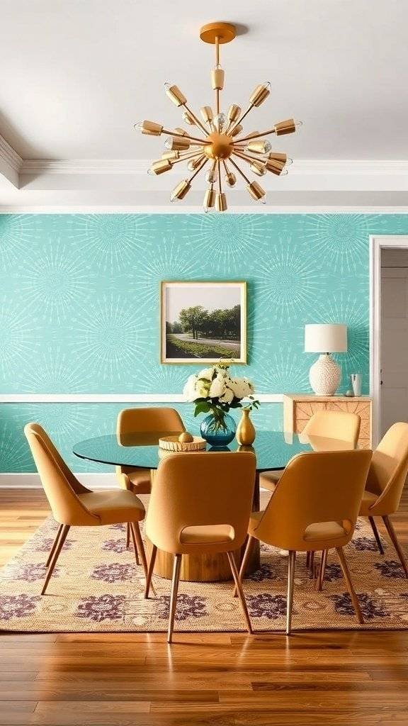 A dining area featuring 1960s style wallpaper with sunburst patterns in turquoise and gold.