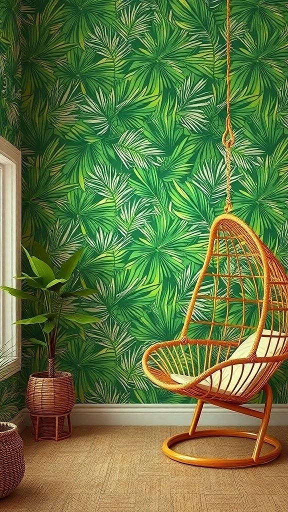 A room featuring vibrant green tropical wallpaper with a hanging rattan chair and a potted plant.