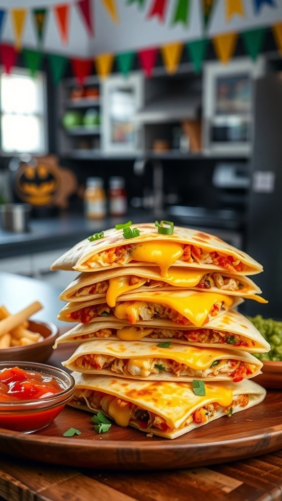 A stack of spicy chicken quesadillas with melted cheese, served with salsa and garnished with herbs.