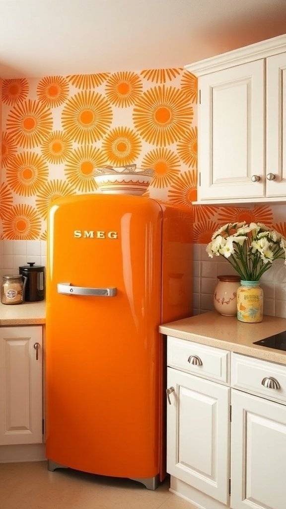A bright kitchen featuring orange sunburst wallpaper and a tangerine Smeg refrigerator, with a vase of daisies on the table.