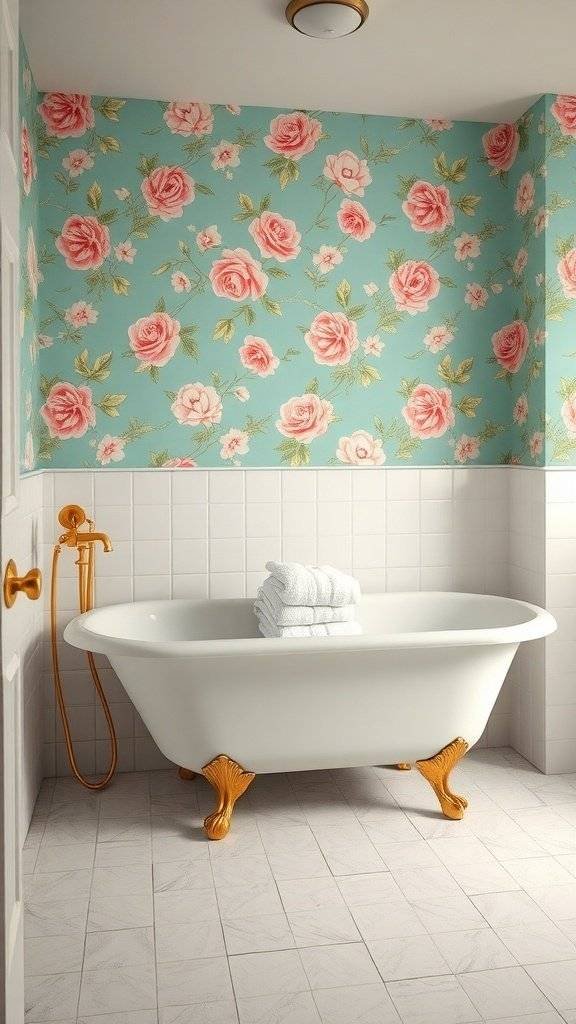A bathroom featuring 1960s floral wallpaper, a clawfoot tub, and golden fixtures.