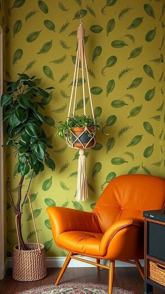 A cozy reading corner featuring vibrant 1960s wallpaper with leaf patterns, an orange chair, a hanging plant, and a woven basket.