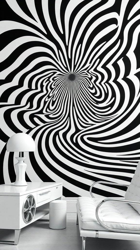 A black and white swirling wallpaper design in a modern living room setting.