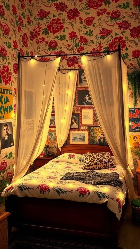 Cozy bedroom with 1960s floral wallpaper and fairy lights
