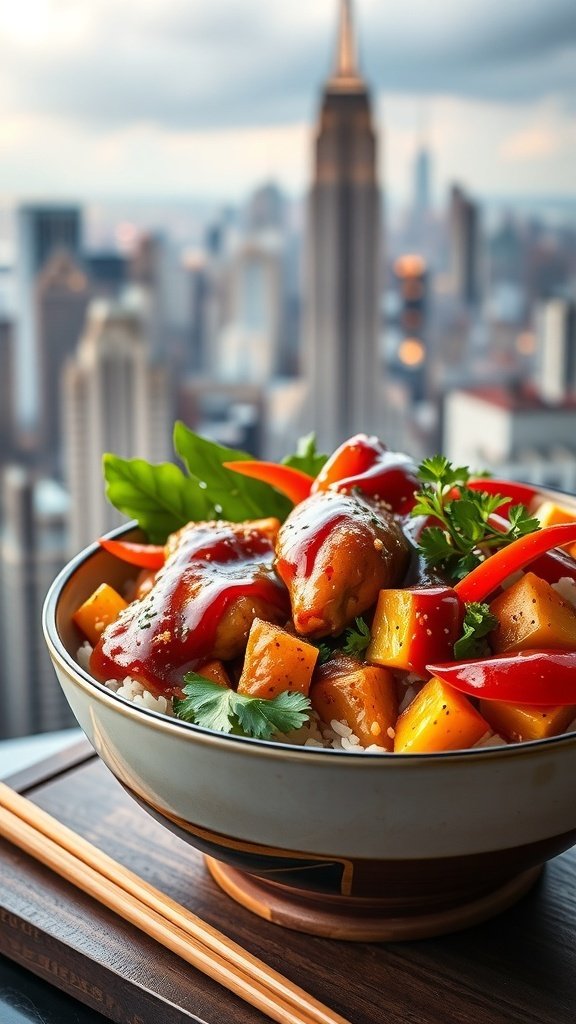 A colorful teriyaki chicken bowl with vegetables and rice, set against a city skyline.