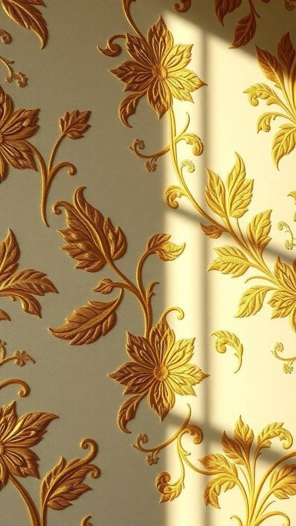Textured 1960s wallpaper with floral patterns in golden tones
