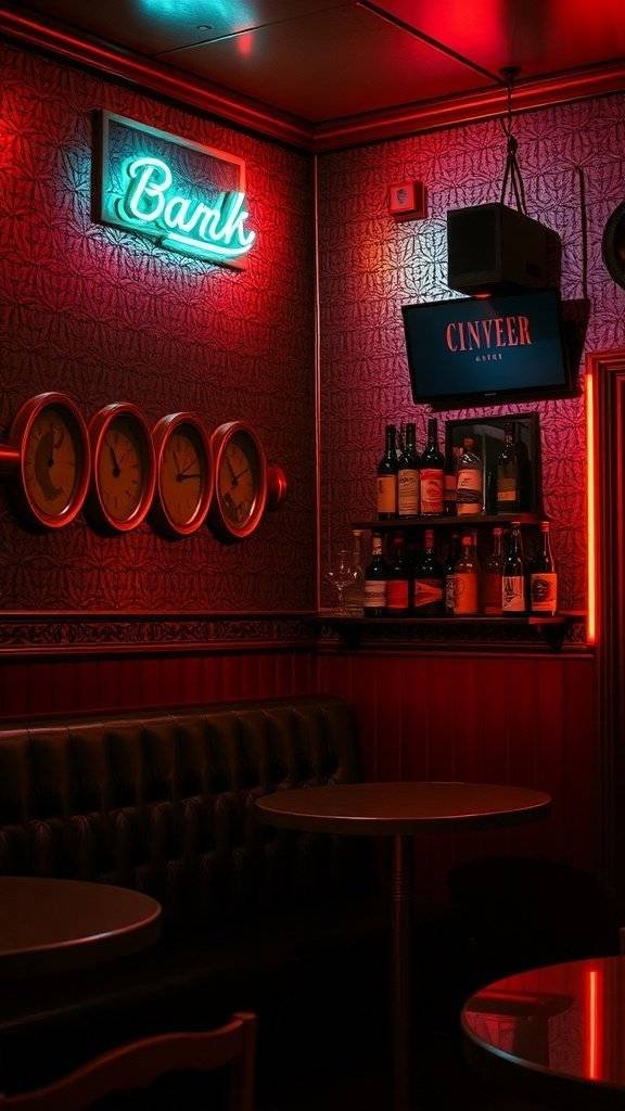 A cozy bar with retro vinyl wallpaper, neon signs, and a leather booth.