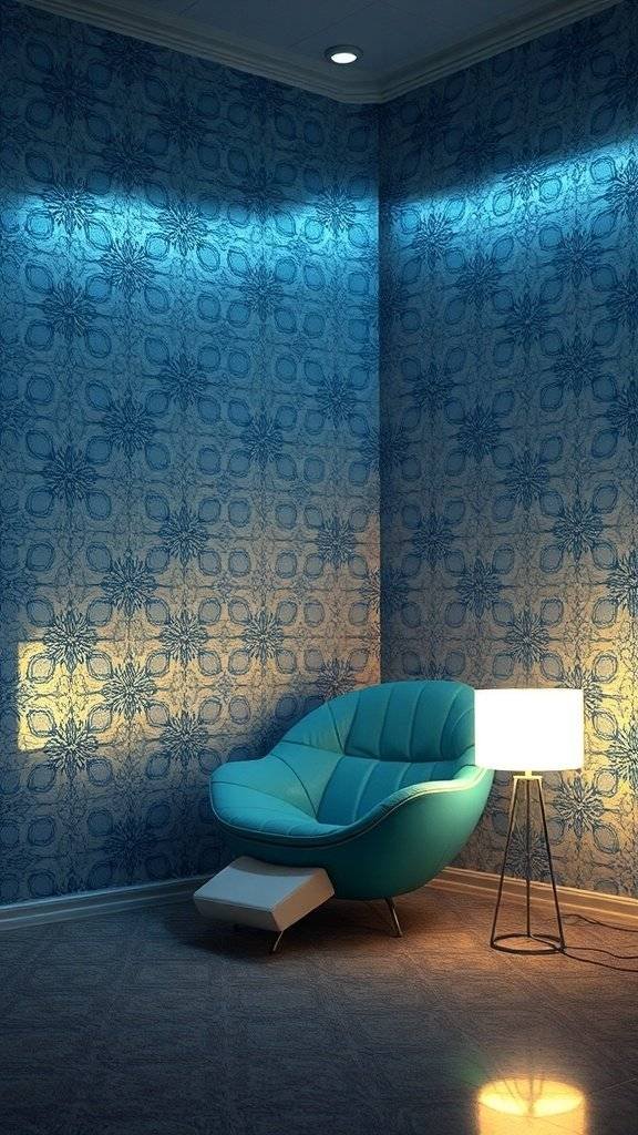 A cozy lounge corner featuring blue 1960s wallpaper, a modern chair, and soft lighting.