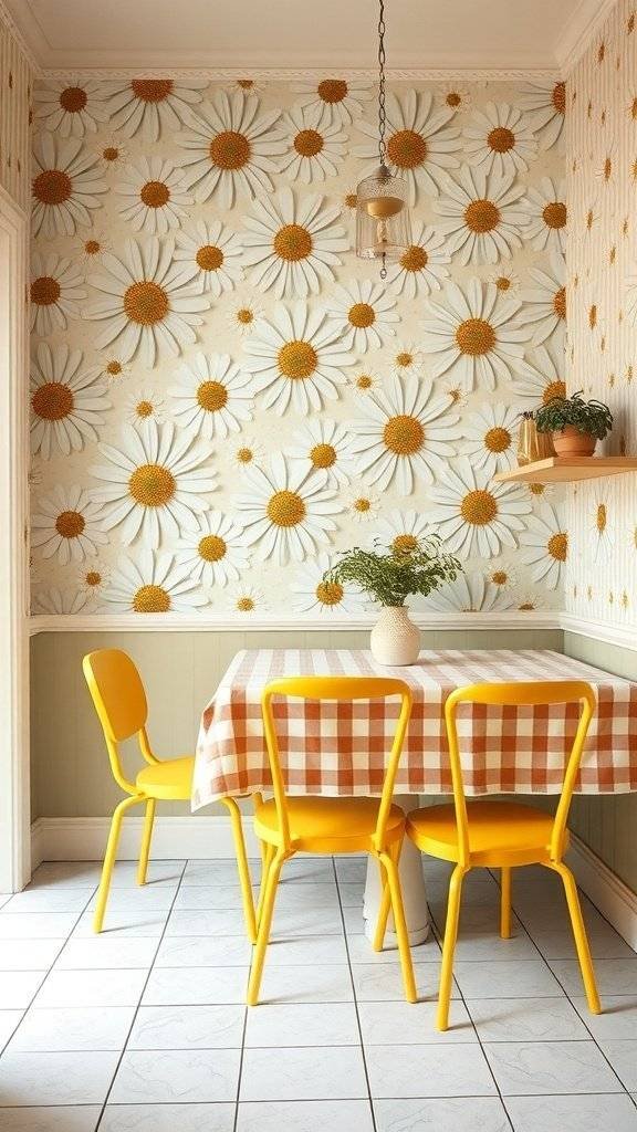 A kitchen with 1960s daisy wallpaper, yellow chairs, and a checkered tablecloth.
