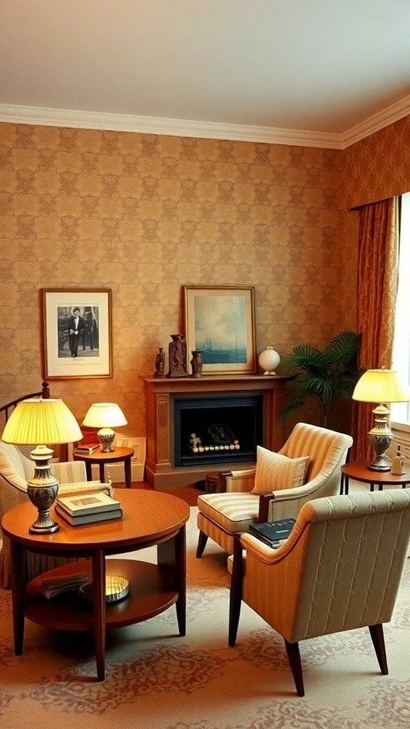 A cozy living room featuring 1960s wallpaper, classic furniture, and warm lighting.