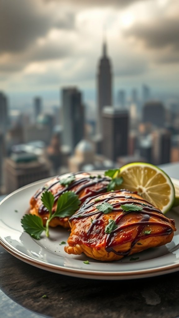A plate of smoky chipotle chicken breasts garnished with lime and cilantro, with a city skyline in the background.
