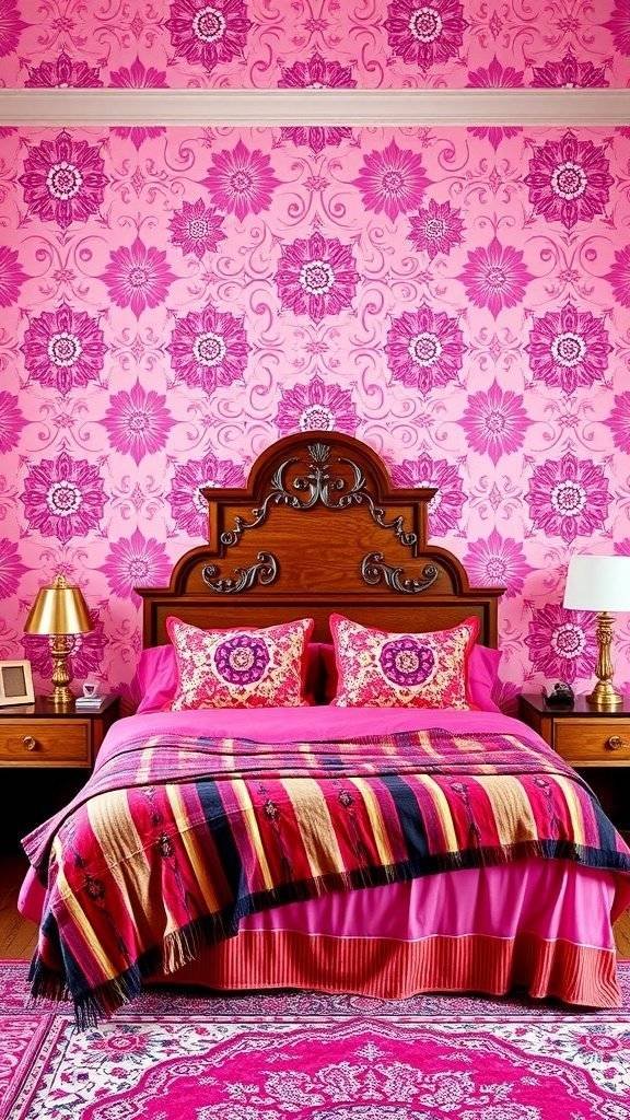 A boho-style bedroom featuring vibrant 1960s wallpaper in pink with floral patterns, a cozy bed with colorful blankets and pillows.