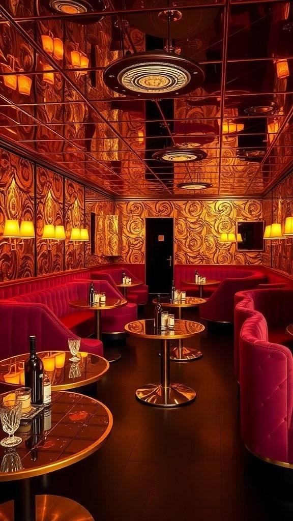 A stylish lounge with intricate 1960s wallpaper, plush seating, and warm lighting.