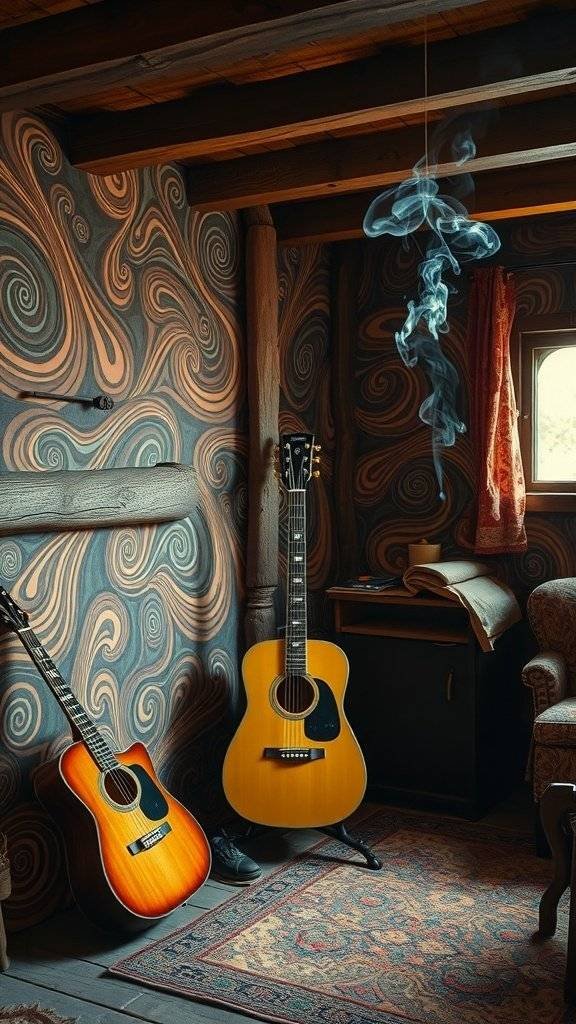 A cozy room with swirling 1960s wallpaper, two acoustic guitars, and a hint of smoke in the air.