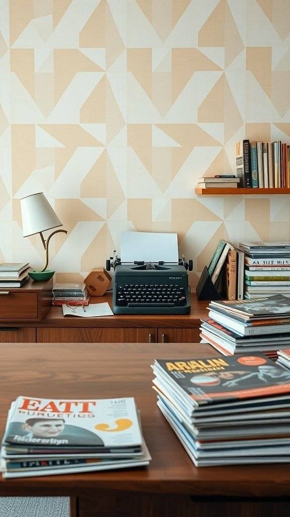 A workspace with 1960s pastel wallpaper, a typewriter, and stacks of magazines.