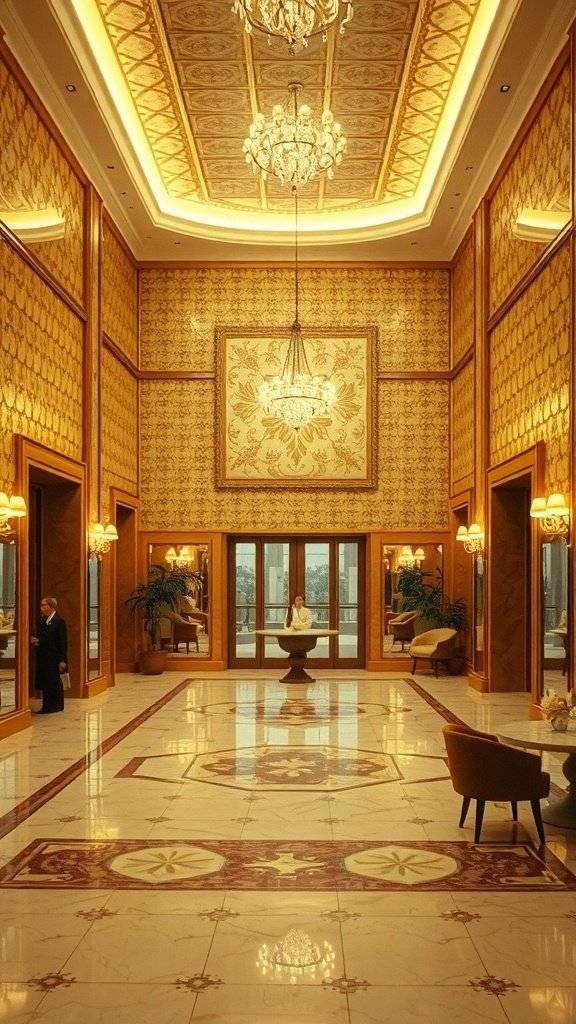 A luxurious lobby featuring intricate 1960s wallpaper, a chandelier, and elegantly dressed people.