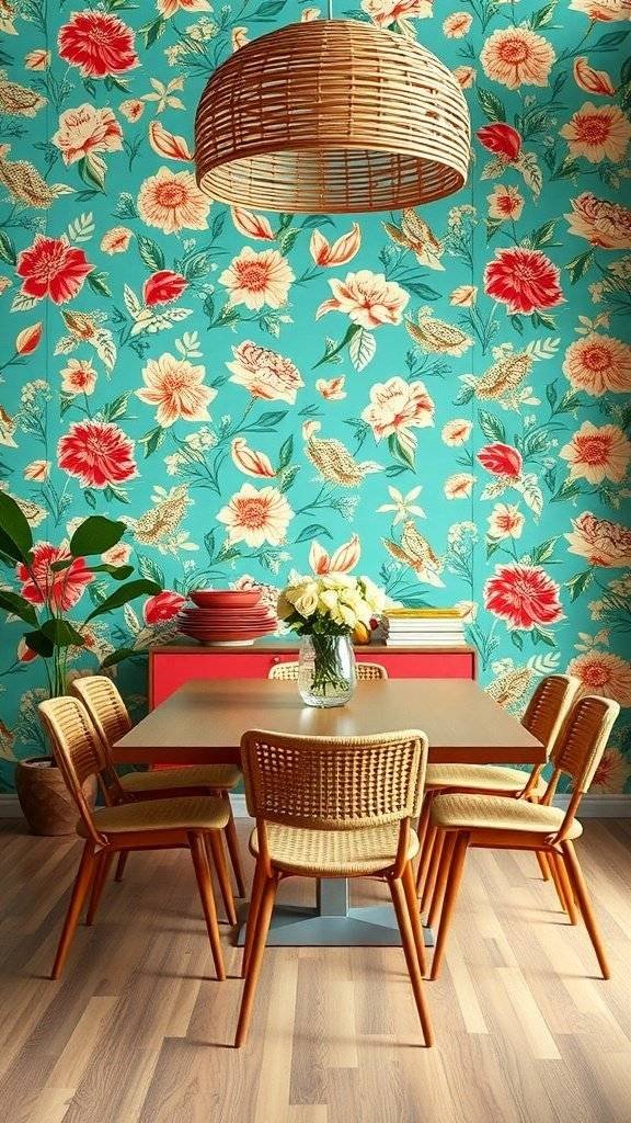 A dining area with floral wallpaper featuring large blooms in vibrant colors against a turquoise background, complemented by a simple table and rattan chairs.